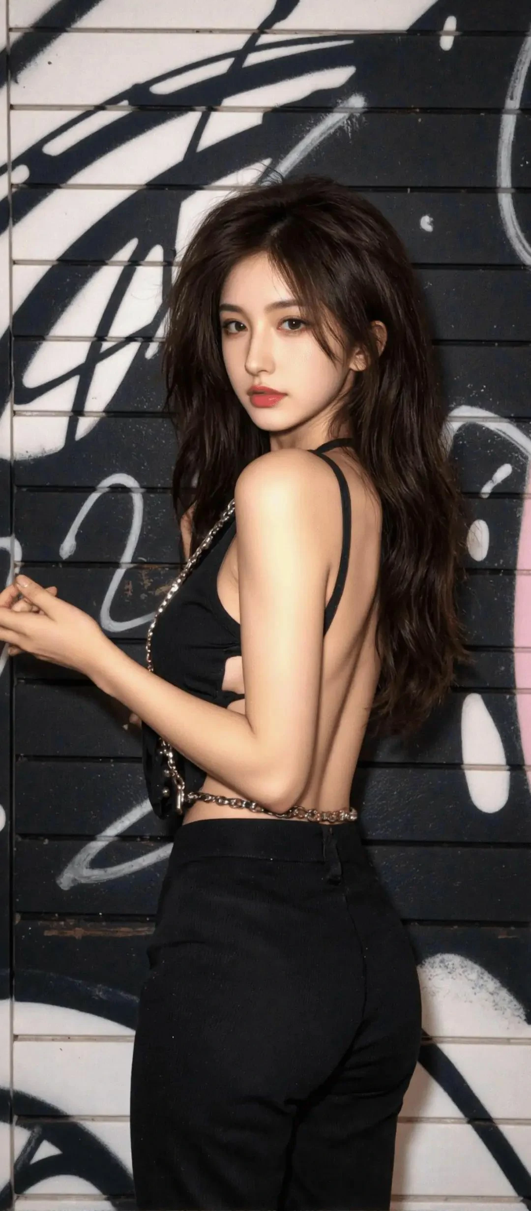 性感露背黑裙长发美女手机壁纸