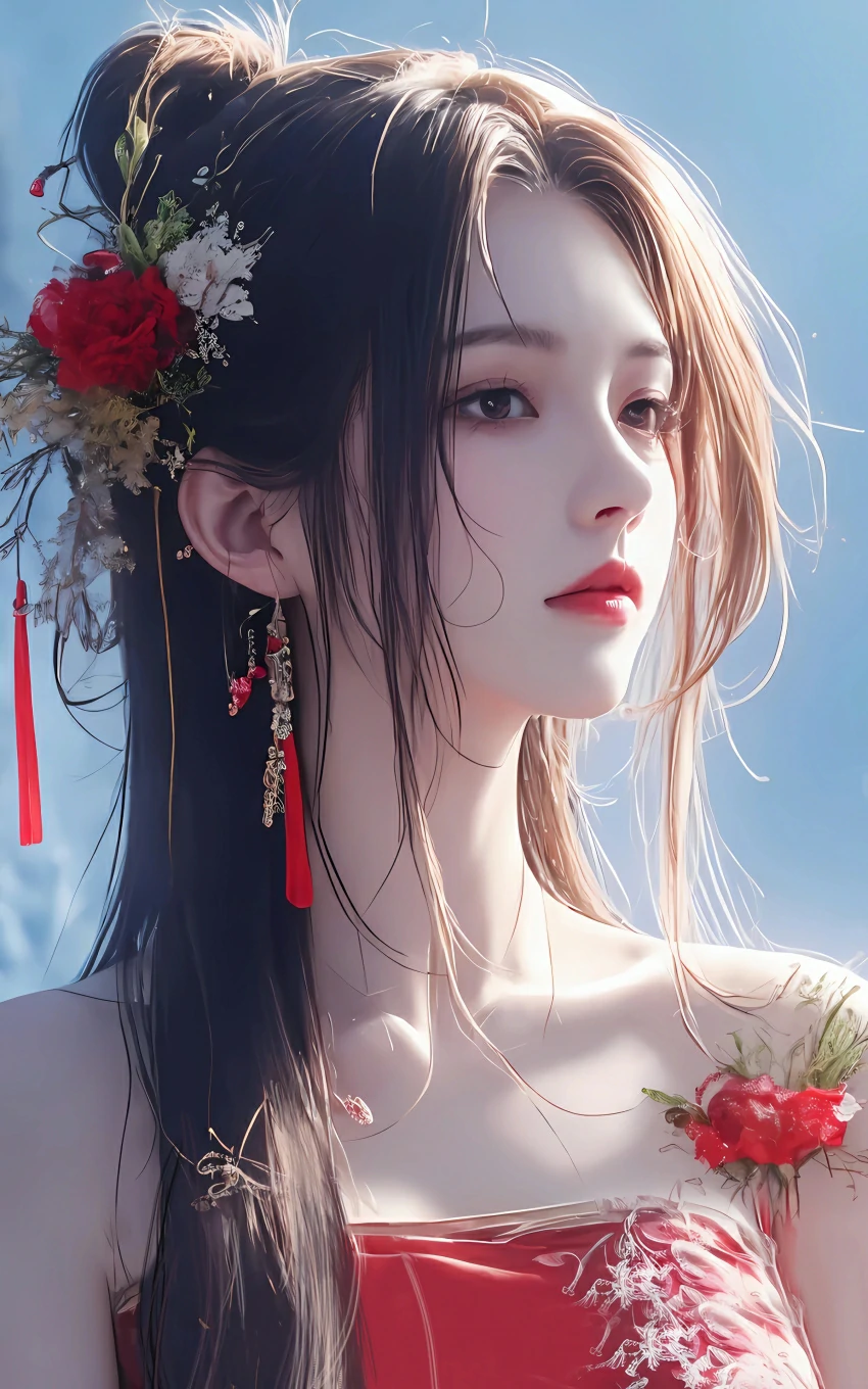 古风美女红衣红花4K手机壁纸全屏