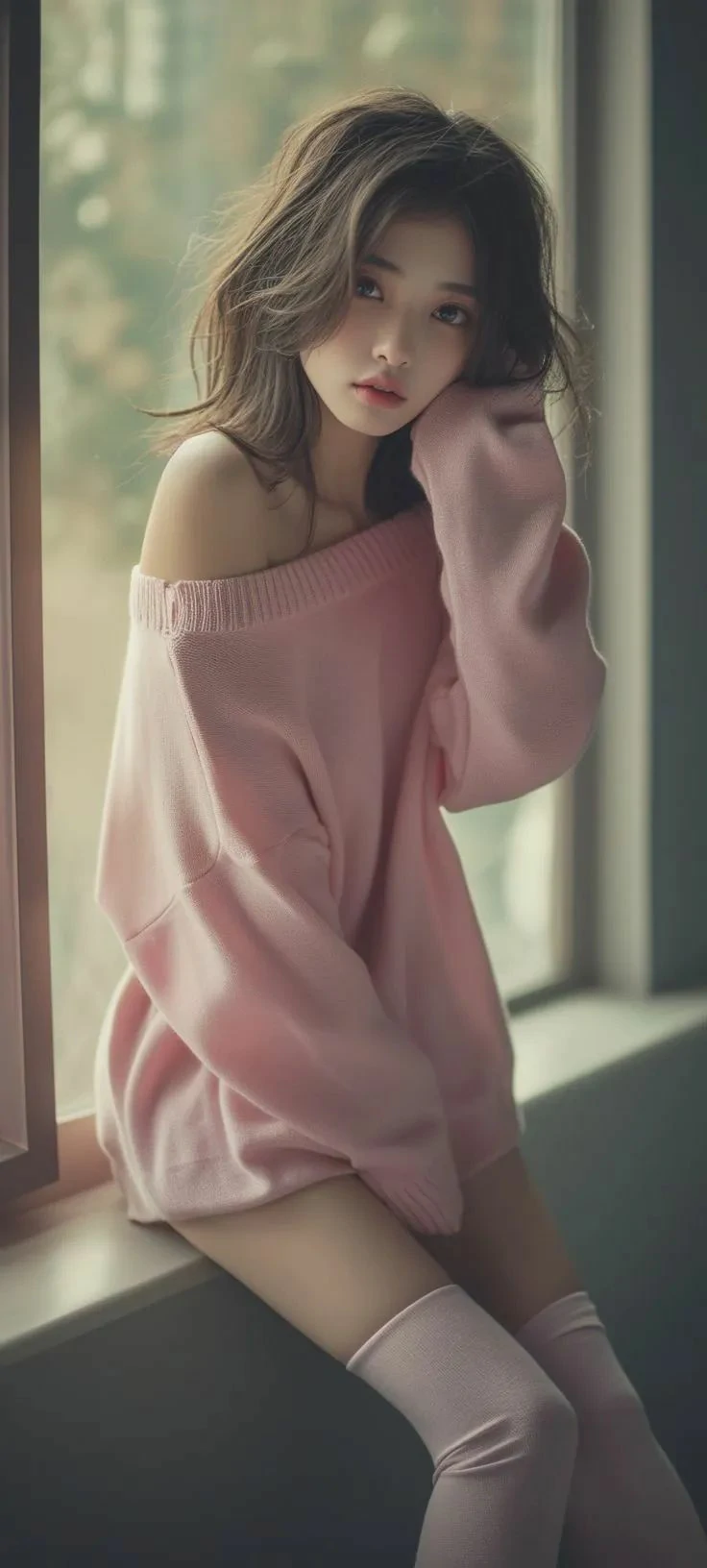 250527长发美女窗台粉色系连衣裙手机壁纸